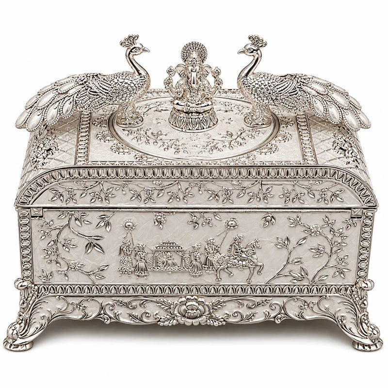 Silver Peacock Embossed Decorative Jewellery Box
