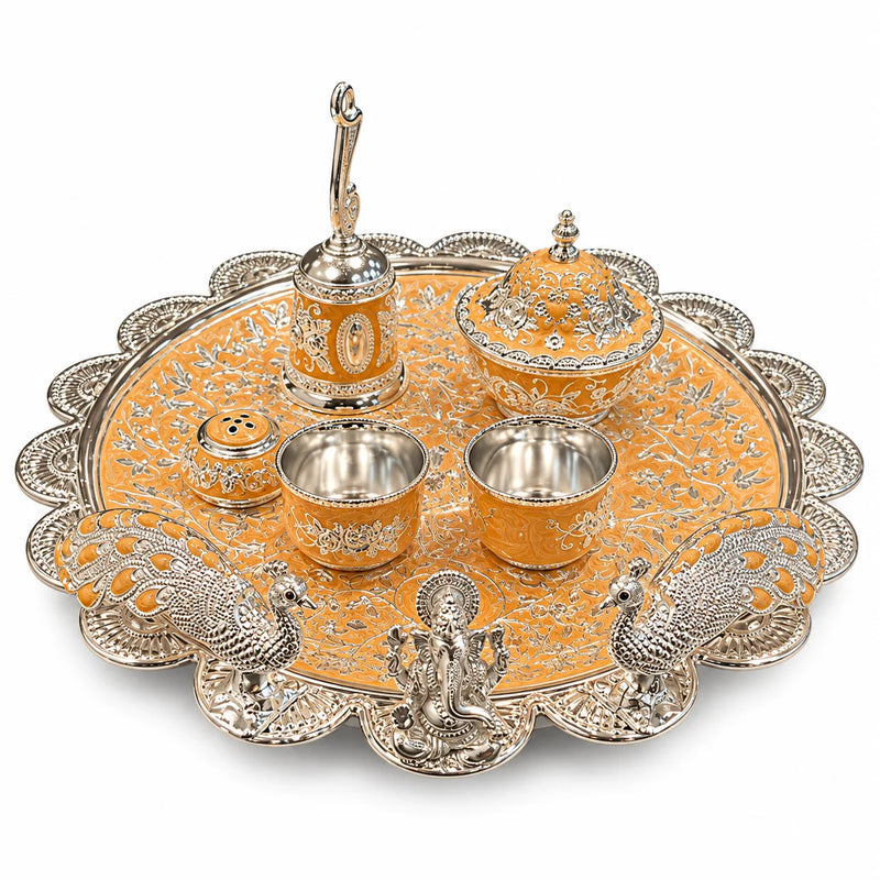 Orange Royal Peacock Pooja Thali Set with Ganesha