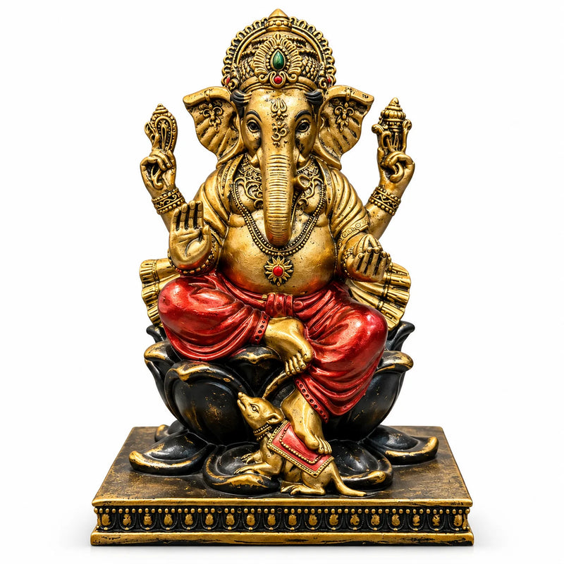 Antique Golden Lord Ganesha Statue with Red Dhoti and Black Base
