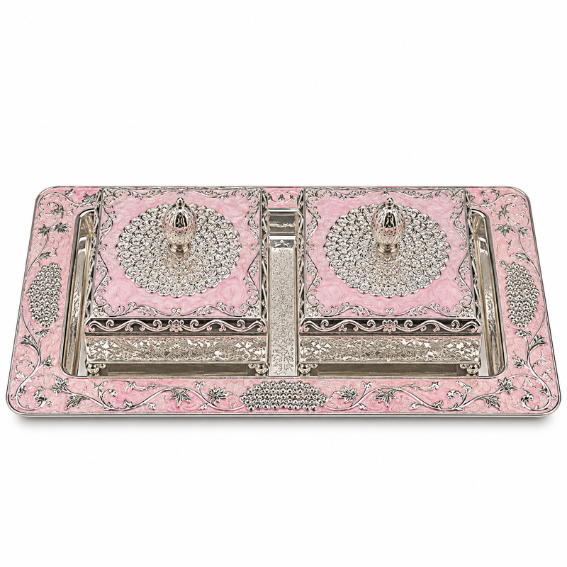 Pink Decorative Jewellery Box Set with Silver Floral Embossed Tray