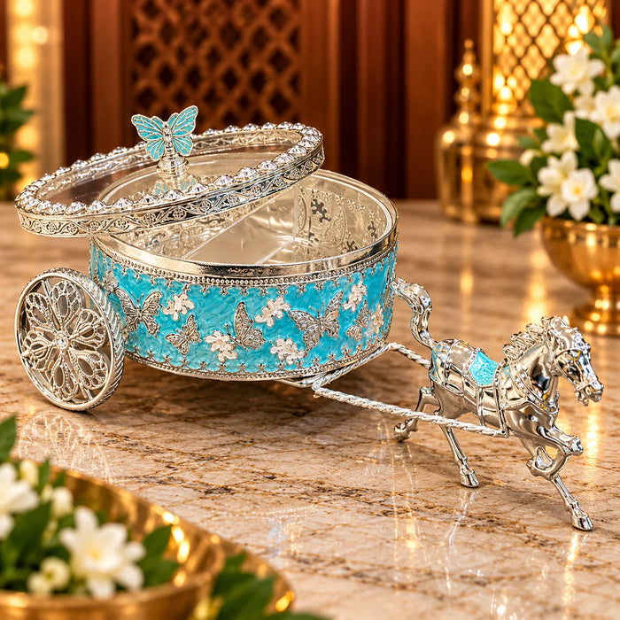 Blue Horse Carriage Decorative Jewellery Box with Silver Finish