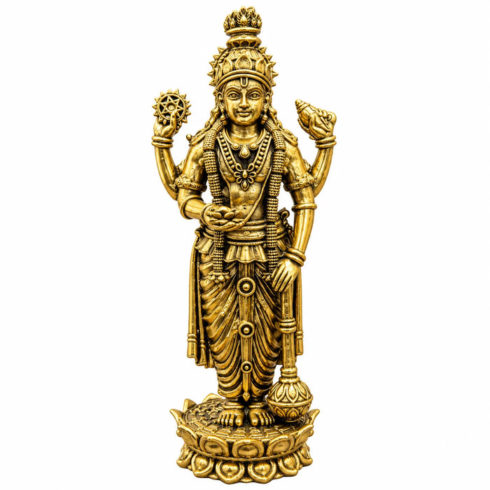 Brass Lord Vishnu Standing Idol with Sudarshan Chakra – Antique Gold Hindu God Statue