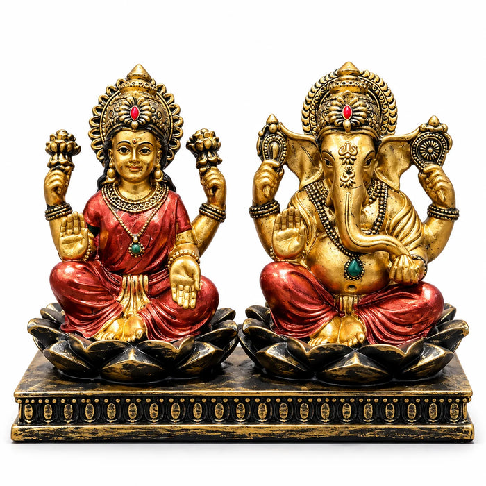 Antique Golden Lakshmi Ganesha Idol Set with Decorative Black Base