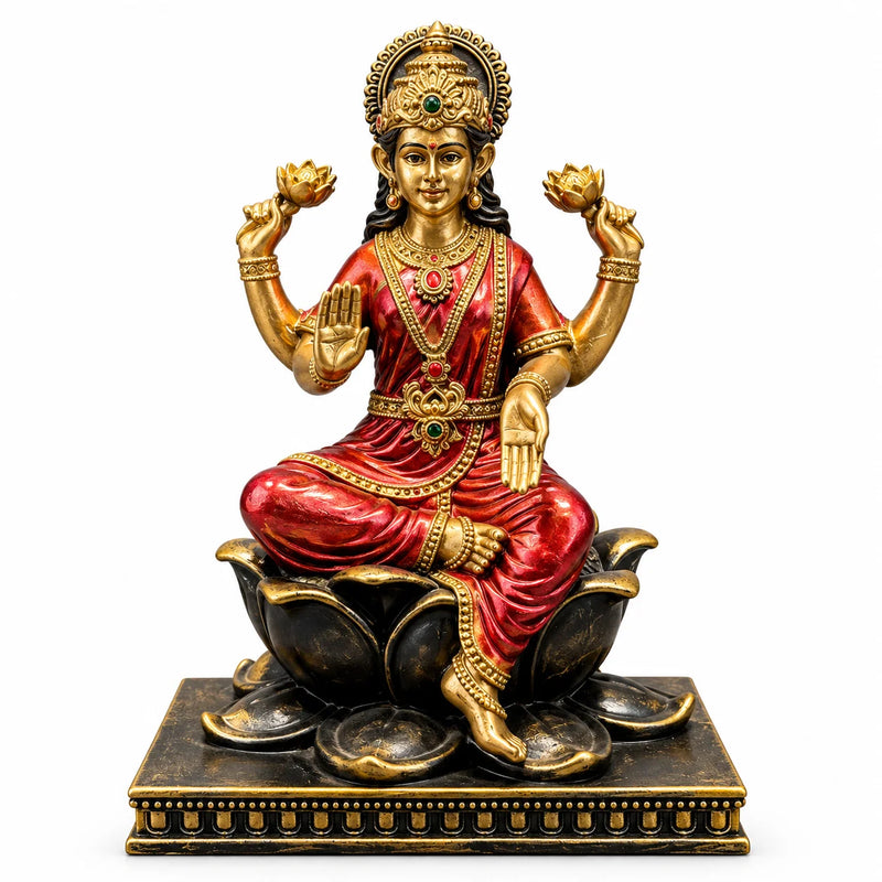 Antique Golden Goddess Lakshmi Statue with Red Saree and Black Lotus Base