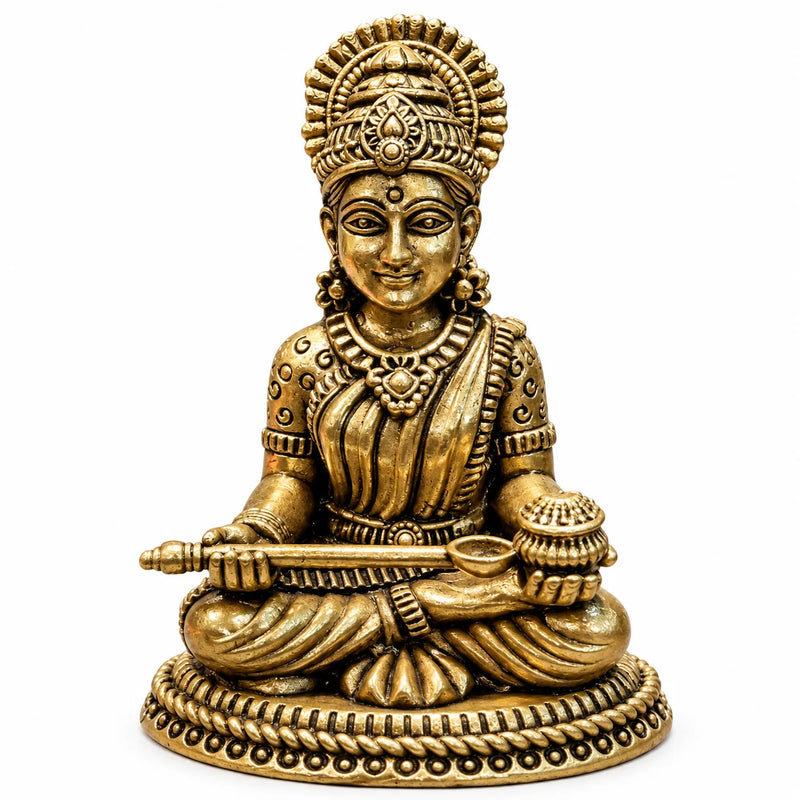 Brass Goddess Saraswati Idol with Veena - Antique Gold Finish Decorative Statue