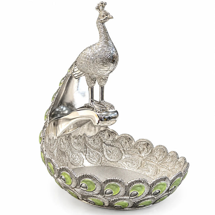 Green Peacock Decorative Bowl with Silver Finish