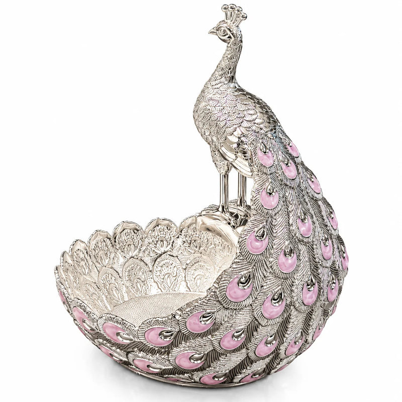 Pink Peacock Decorative Bowl with Silver Finish