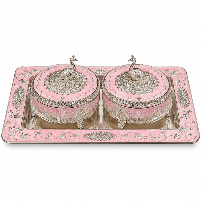 Pink Decorative Box Set with Silver Peacock Embossed Tray
