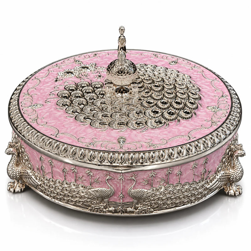Pink Round Decorative Jewellery Box with Peacock Design