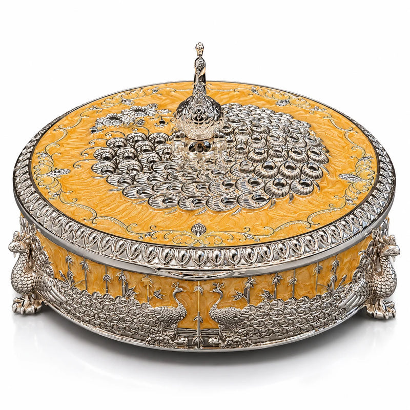 Yellow Round Decorative Jewellery Box with Peacock Design