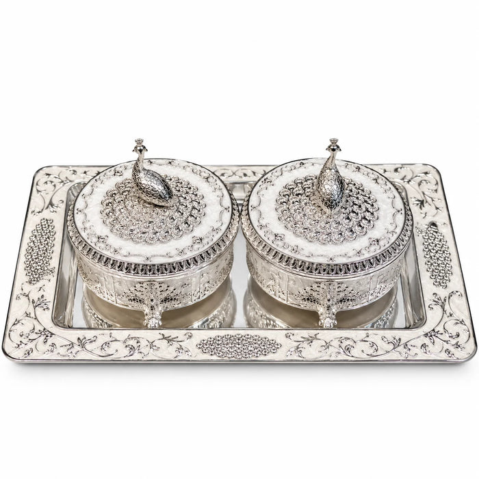 Silver Peacock Decorative Box and Tray Set