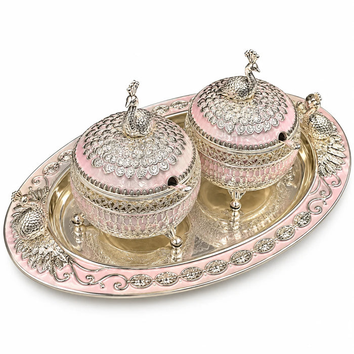 Pink Silver Embossed Decorative Twin Bowl Set with Oval Tray