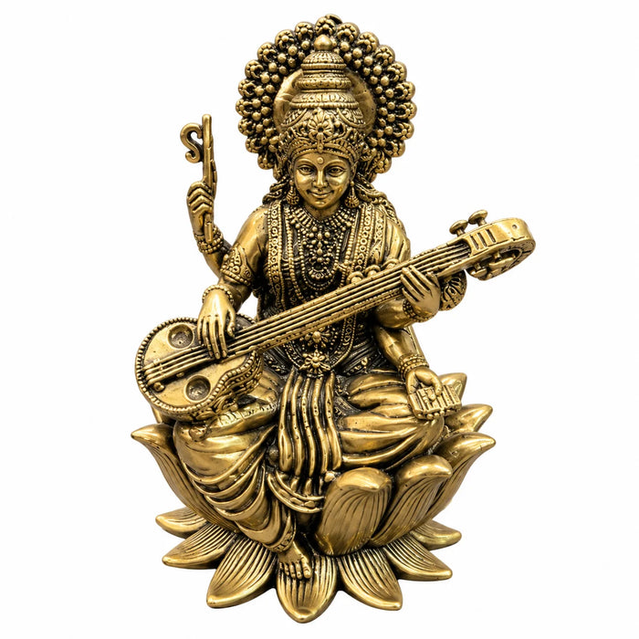 Antique Gold Maa Saraswati Idol with Veena – Lotus Base Decorative Statue