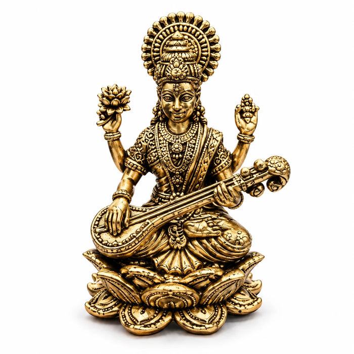 Brass Goddess Saraswati Idol with Veena - Antique Gold Finish on Lotus Base