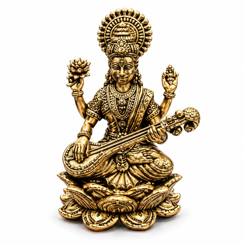 Brass Goddess Saraswati Idol with Veena - Antique Gold Finish on Lotus Base