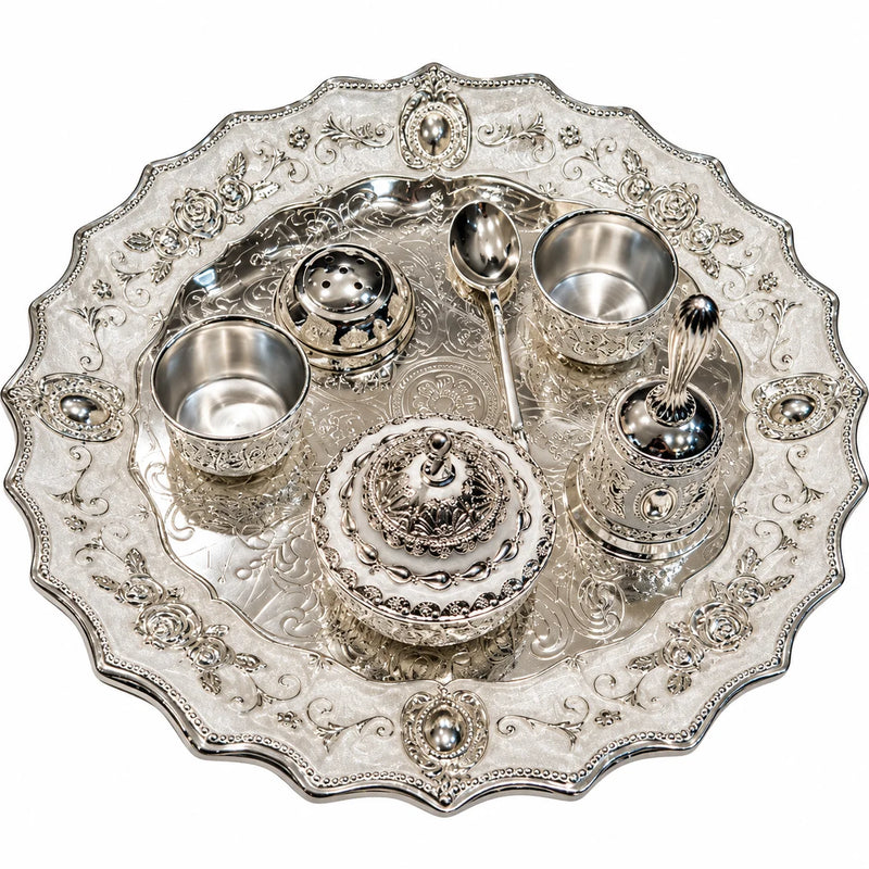 Silver Finish Pooja Thali Set with Bowls, Spoon & Decorative Containers - Traditional Ritual Set