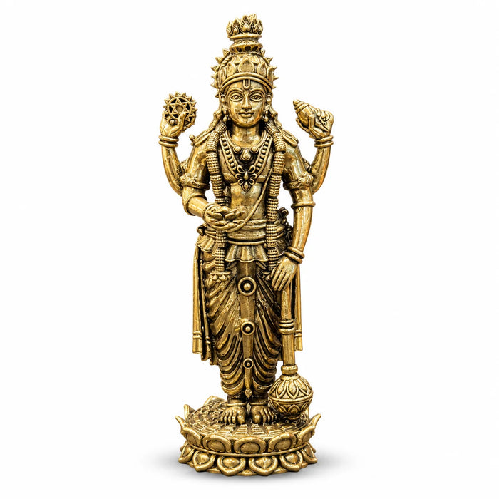 Antique Gold Lord Vishnu Idol – Traditional Decorative Statue with Lotus Base