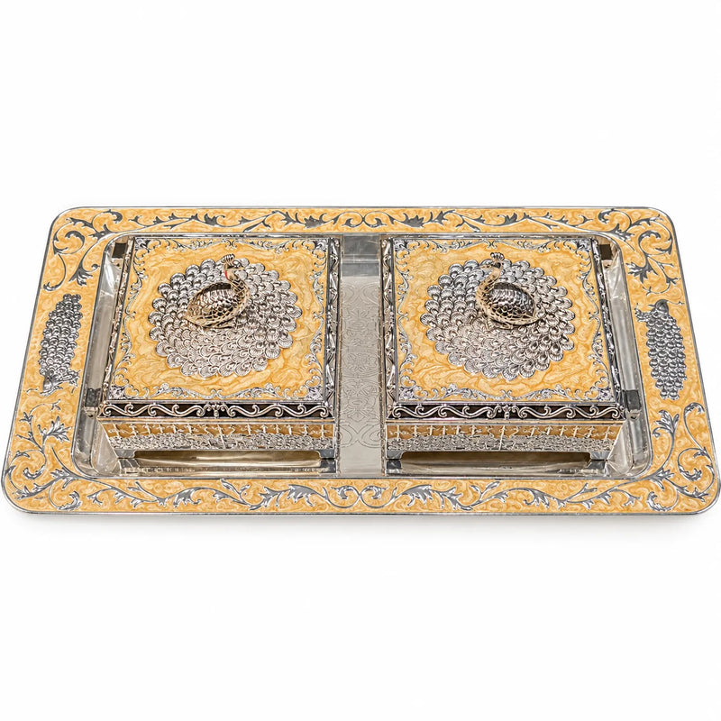 Mustard Yellow Silver Embossed Decorative Twin Box Set with Tray