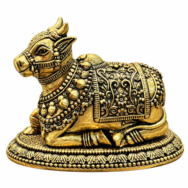 Antique Golden Brass Nandi Bull Idol with Floral Carvings & Ornate Oval Base