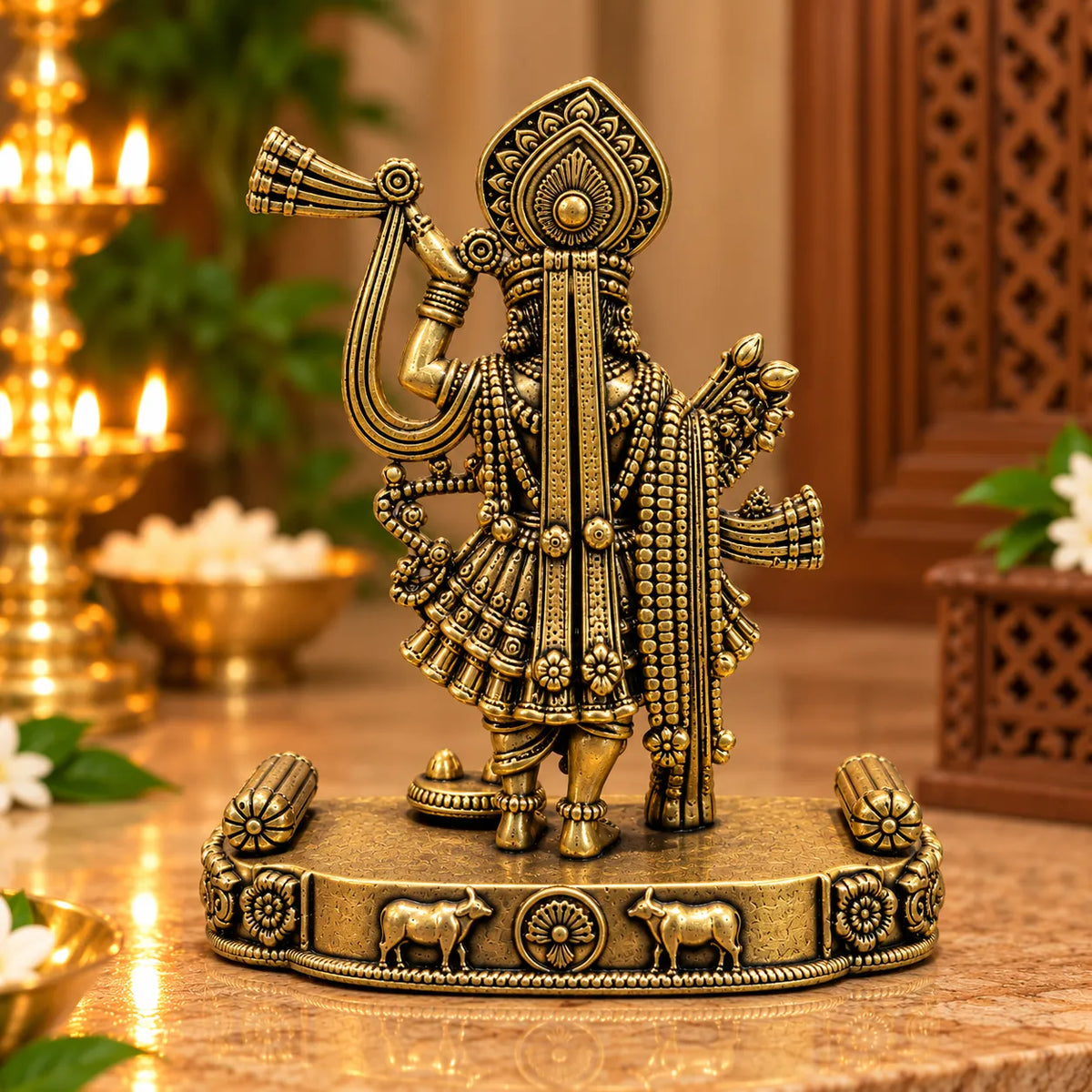 Antique Golden Brass Shrinathji Idol with Ornate Base & Traditional Detailing