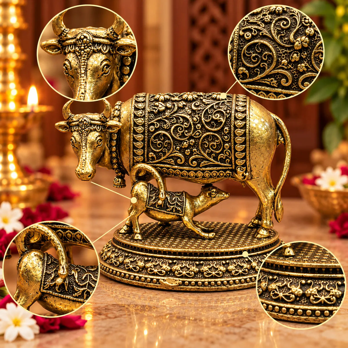 Antique Golden Kamdhenu Cow & Calf Statue with Floral Carvings on Ornate Base