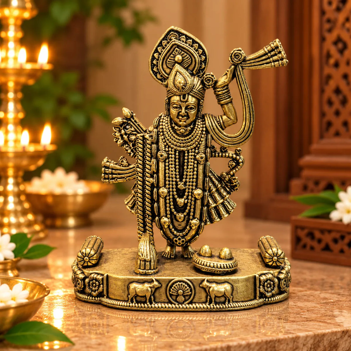 Antique Golden Brass Shrinathji Idol with Ornate Base & Traditional Detailing
