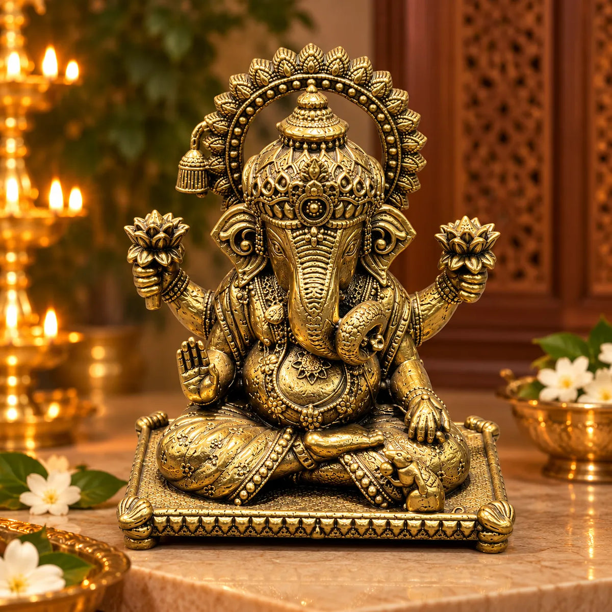 Antique Golden Brass Lord Ganesha Idol with Lotus Flowers & Ornate Square Base