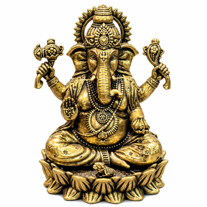 Antique Golden Brass Lord Ganesha Idol with Ornate Halo & Lotus Base