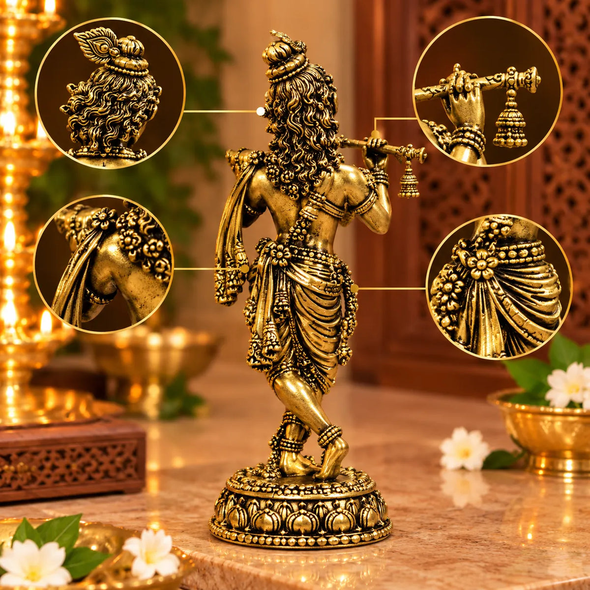 Antique Golden Brass Lord Krishna Idol with Flute on Lotus Pedestal