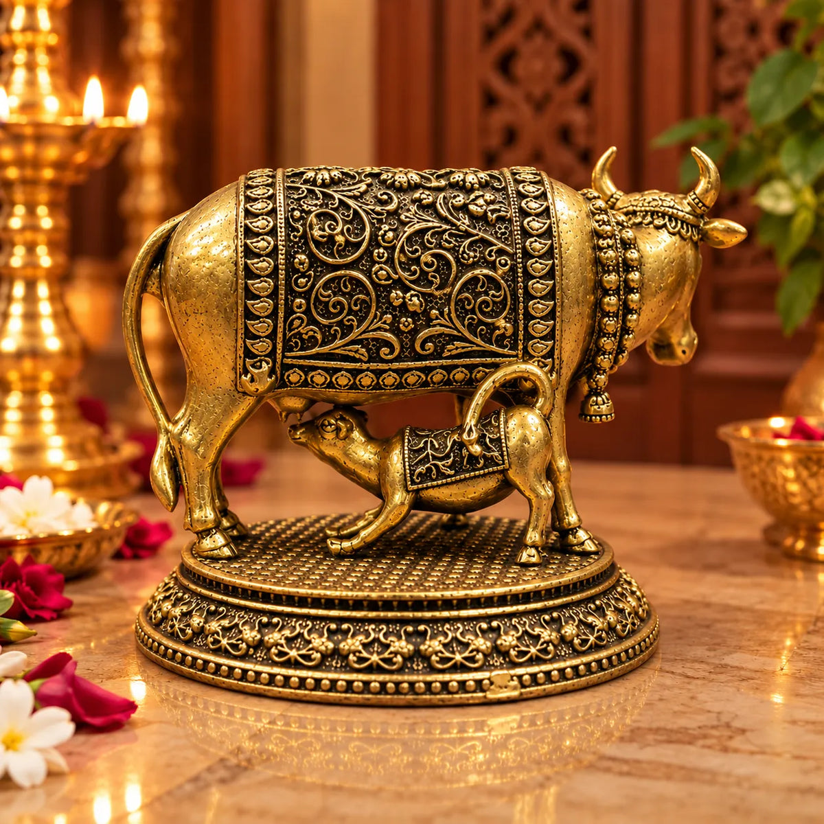 Antique Golden Kamdhenu Cow & Calf Statue with Floral Carvings on Ornate Base