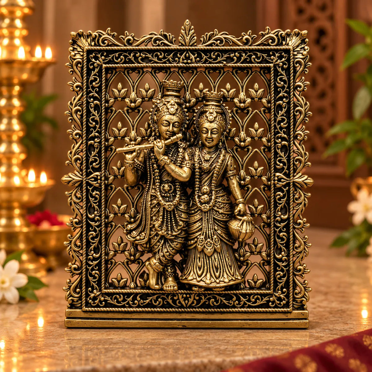 Antique Golden Radha Krishna Idol in Decorative Floral Frame with Stand
