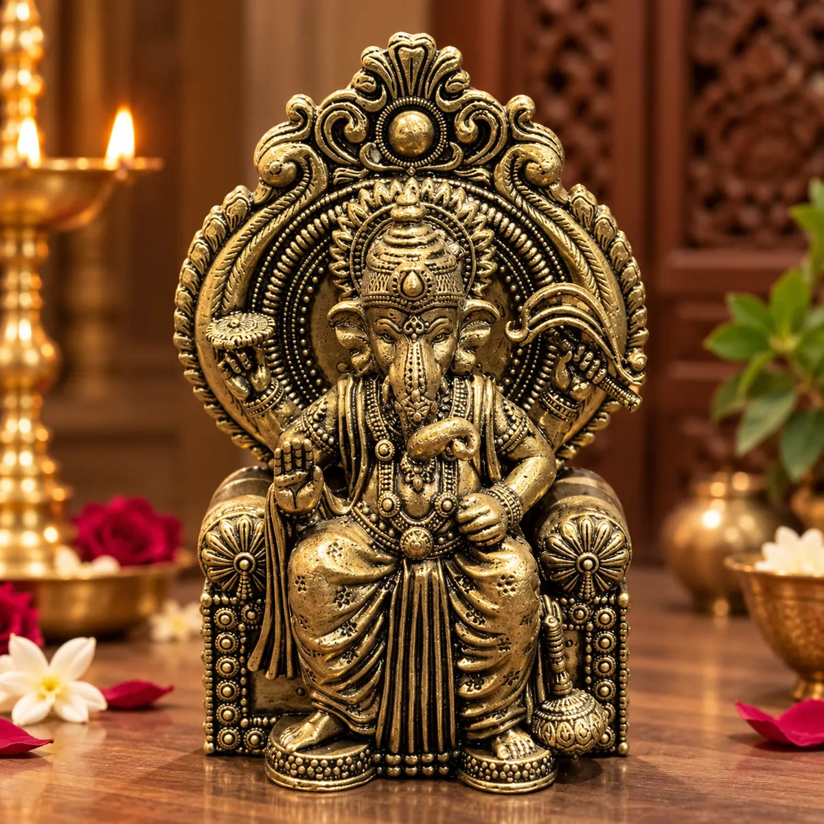 Antique Golden Lord Ganesha Idol Seated on Royal Throne with Ornate Halo