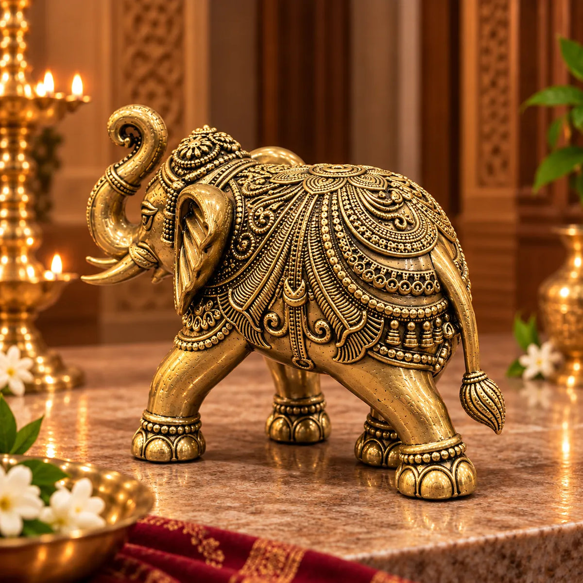 Antique Gold Decorative Elephant Statue with Raised Trunk | Traditional Home Décor