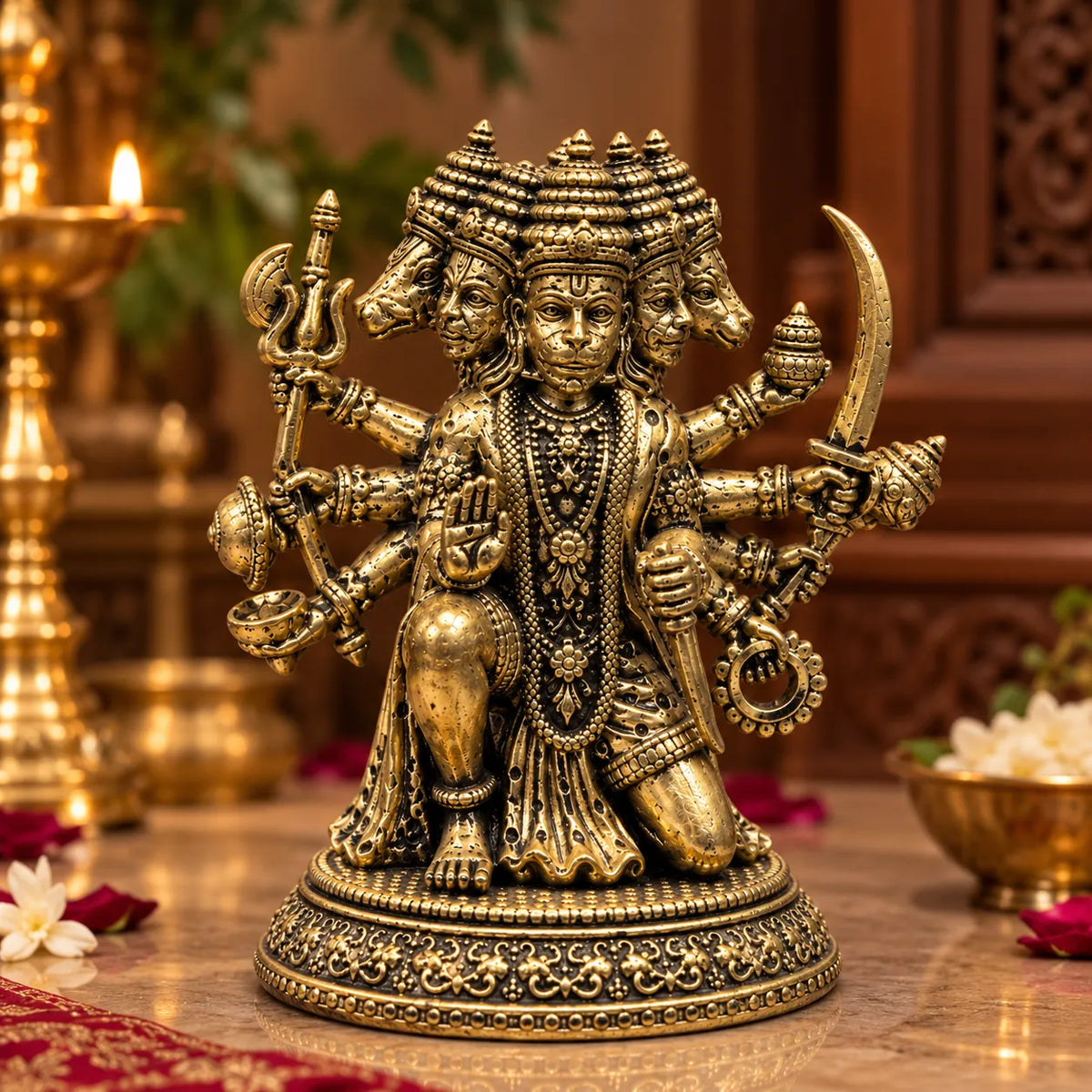 Antique Golden Panchmukhi Hanuman Idol with Multiple Arms & Ornate Round Base