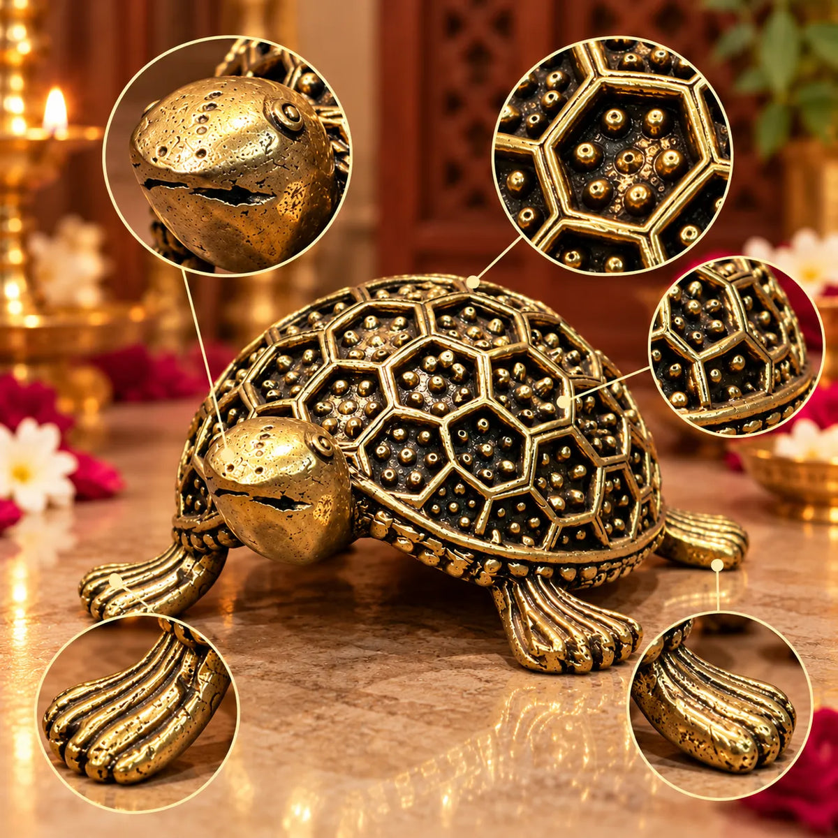 Antique Golden Decorative Tortoise Figurine with Geometric Shell Design