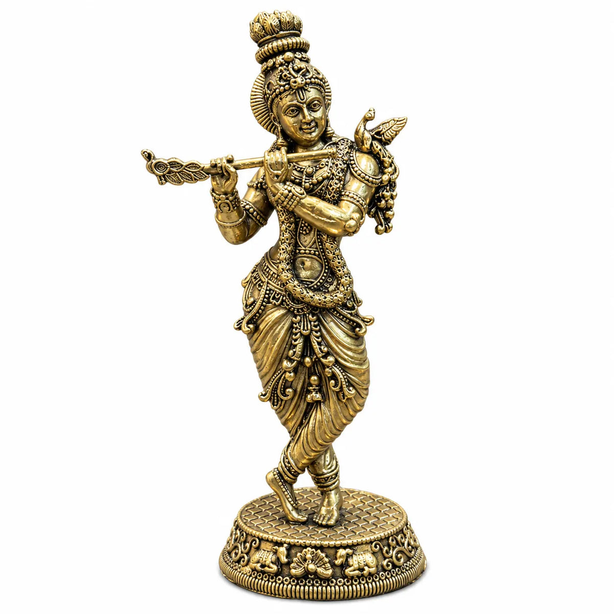 Antique Golden Brass Lord Krishna Idol with Flute on Lotus Pedestal