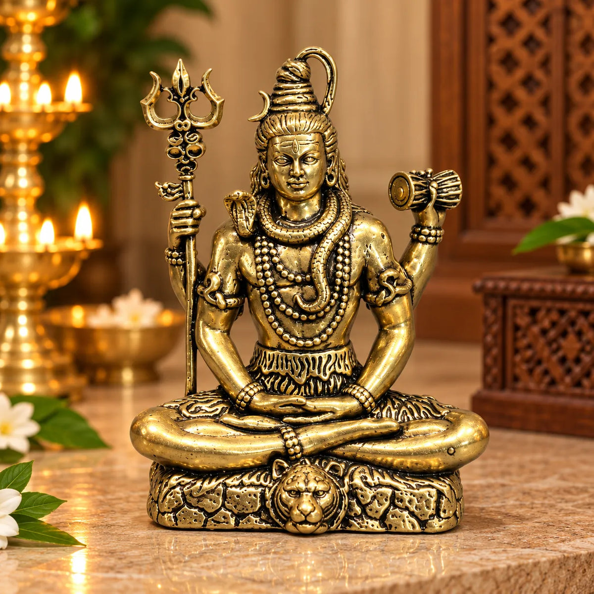 Antique Golden Brass Lord Shiva Idol with Trishul & Damru on Rock Base