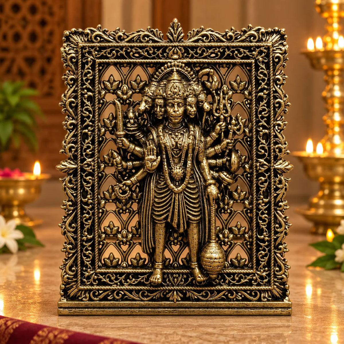 Antique Golden Panchmukhi Hanuman Idol in Ornate Decorative Frame with Stand