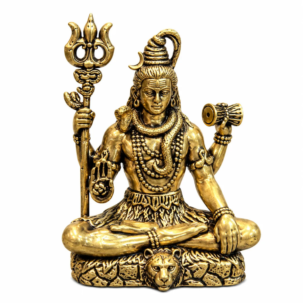 Antique Golden Brass Lord Shiva Idol with Trishul & Damru on Rock Base