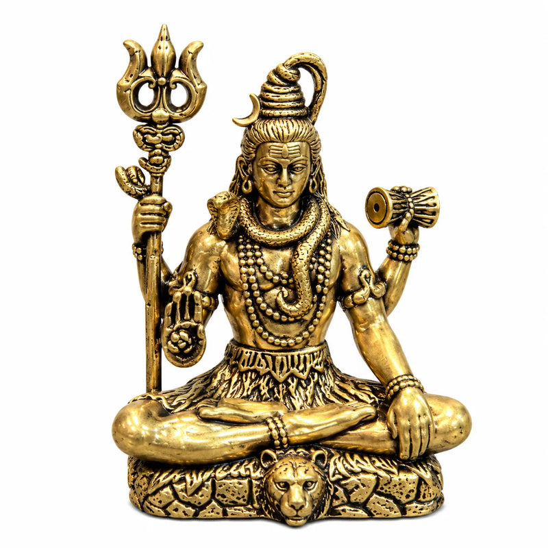 Antique Golden Brass Lord Shiva Idol with Trishul & Damru on Rock Base