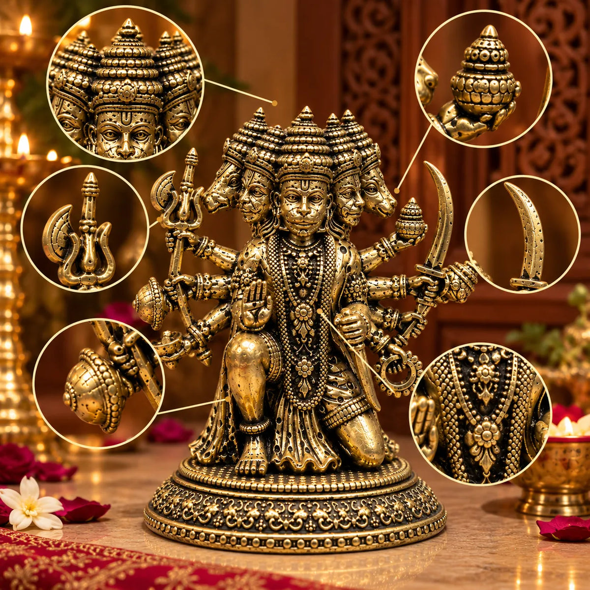 Antique Golden Panchmukhi Hanuman Idol with Multiple Arms & Ornate Round Base