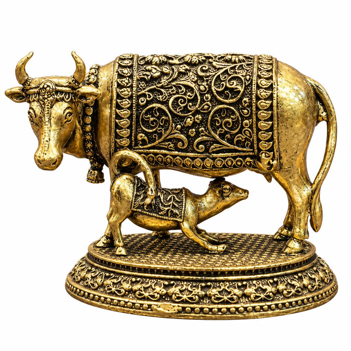 Antique Golden Kamdhenu Cow & Calf Statue with Floral Carvings on Ornate Base