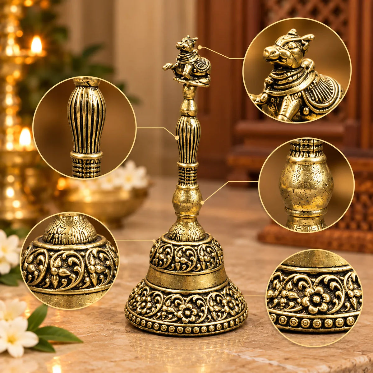 Antique Golden Brass Nandi Temple Bell with Ornate Floral Carvings