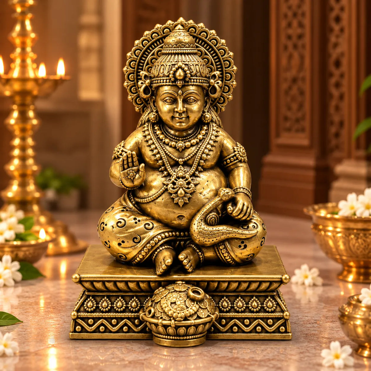 Antique Gold Finish Lord Kubera Idol with Decorative Base | Pooja & Home Décor