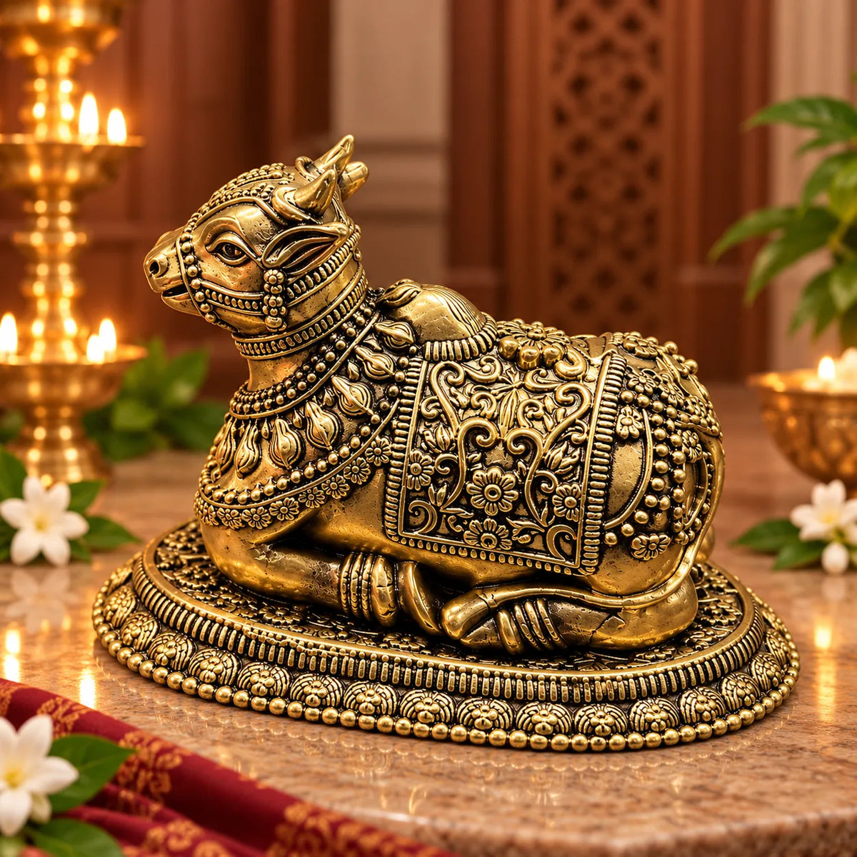 Antique Golden Brass Nandi Bull Idol with Floral Carvings & Decorative Oval Base