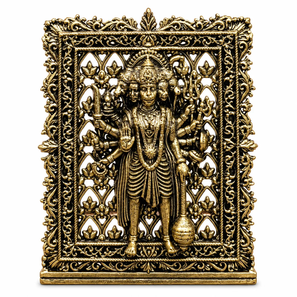 Antique Golden Panchmukhi Hanuman Idol in Ornate Decorative Frame with Stand