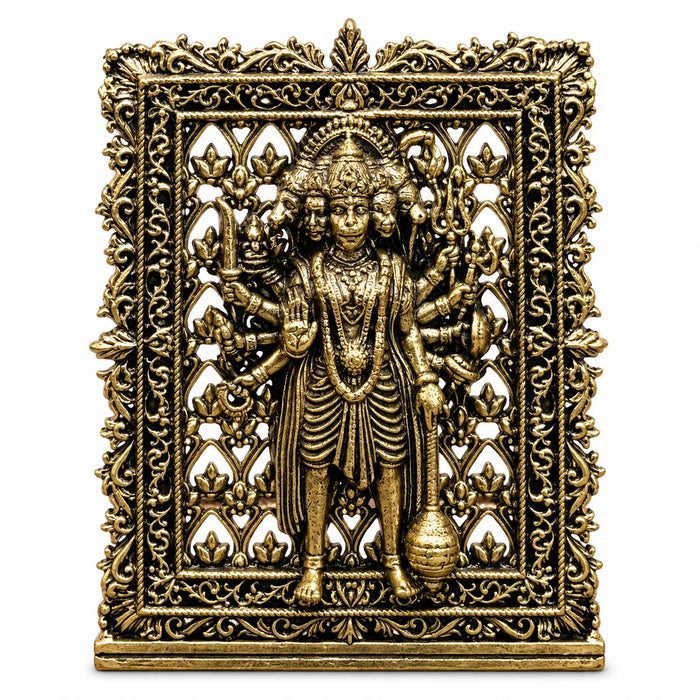 Antique Golden Panchmukhi Hanuman Idol in Ornate Decorative Frame with Stand