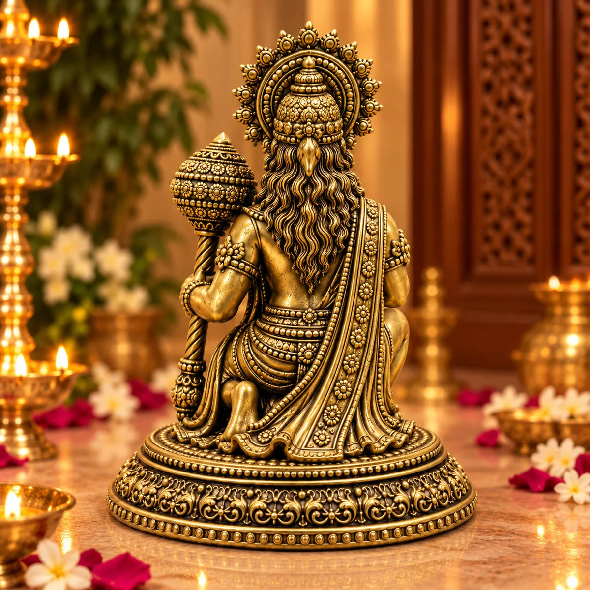 Antique Golden Lord Hanuman Idol with Gada & Ornate Round Pedestal