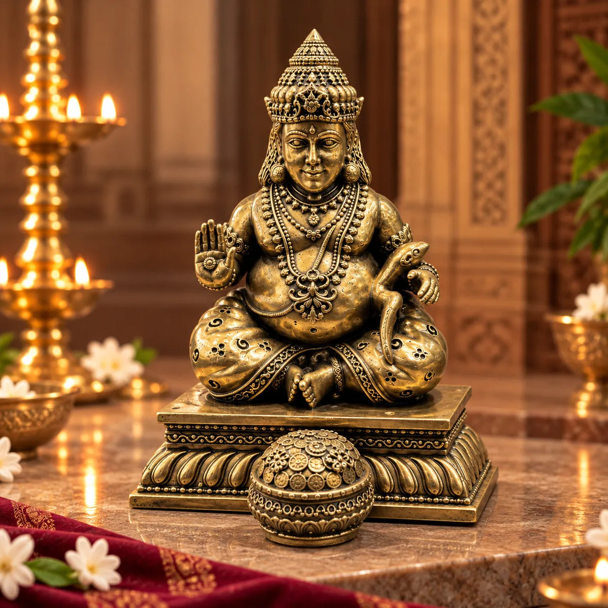 Antique Golden Kubera Idol with Decorative Pedestal – Traditional Wealth God Idol