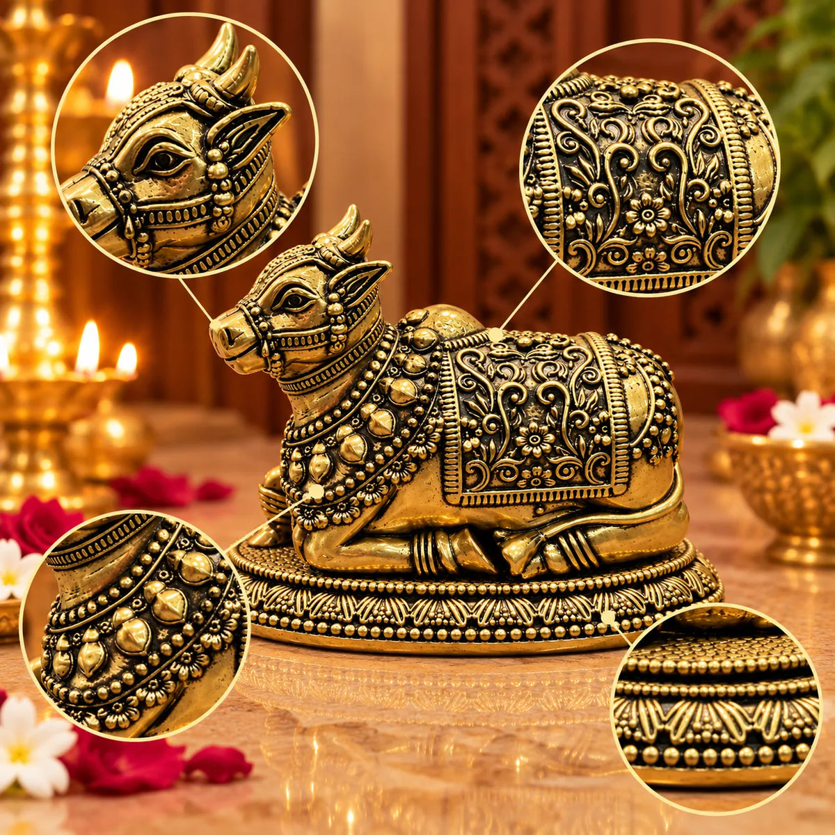 Antique Golden Brass Nandi Bull Idol with Floral Carvings & Ornate Oval Base